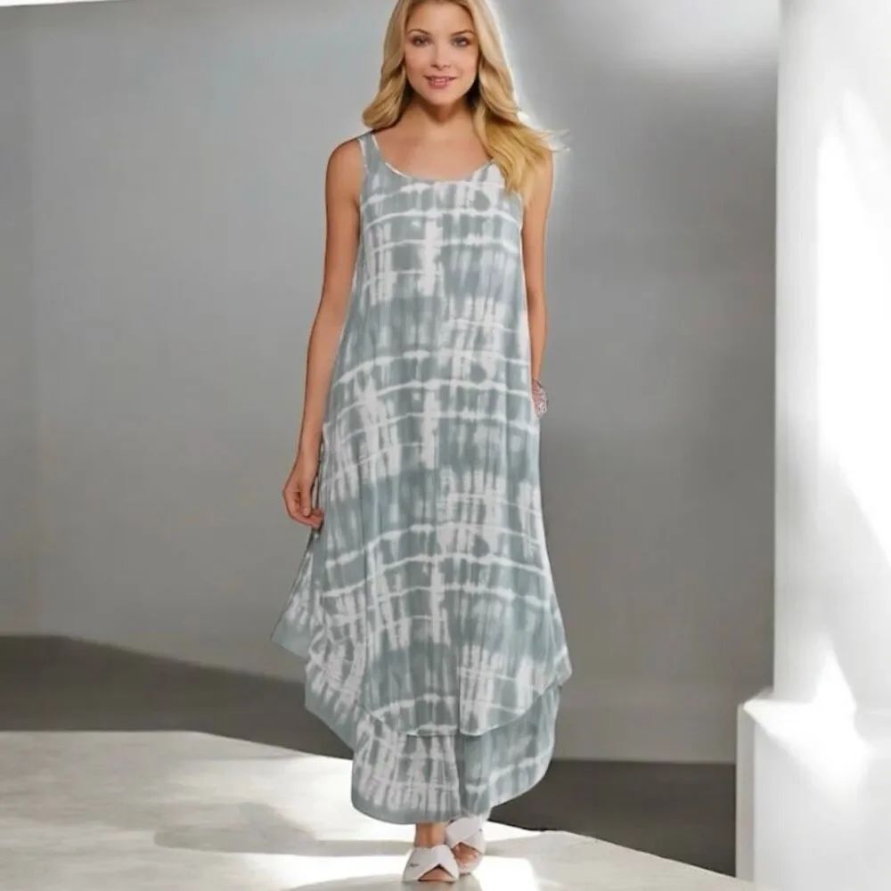 NWT Gorgeous Japna Sz M Grey White Tie Dye Boho Gypsie Wide Leg Ruffle Jumpsuit